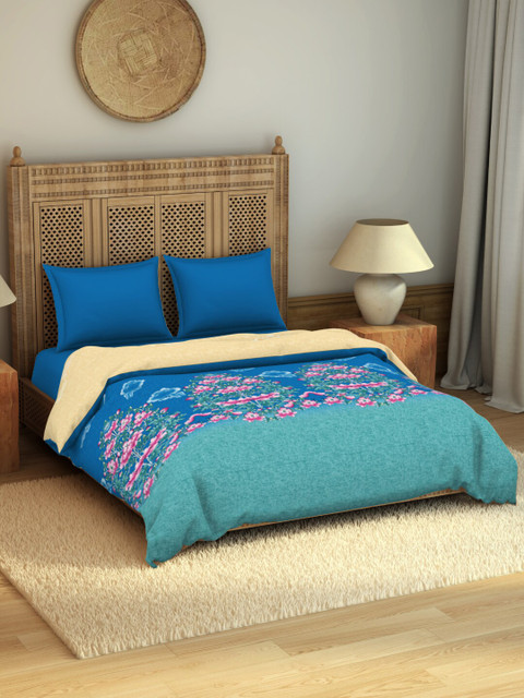 

SPACES Rangana Niyama Teal & Blue Ethnic Motifs Printed Pure Cotton AC Room 210 GSM Double Bed Quilt