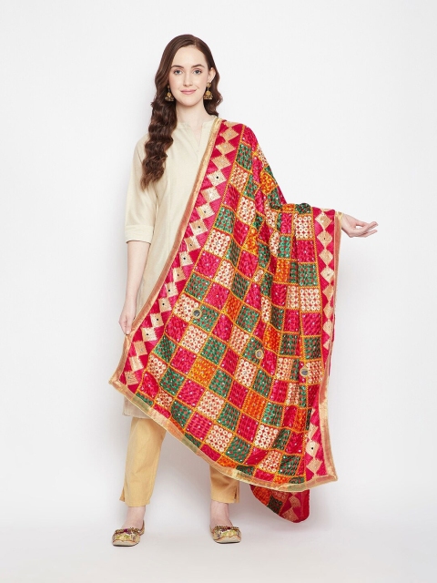 

Clora Creation Red & Green Embroidered Dupatta with Phulkari