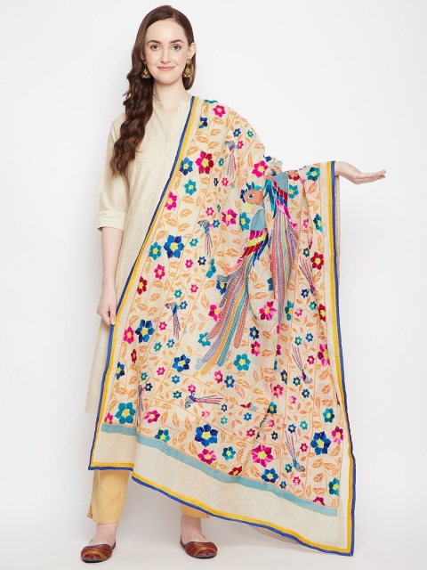 

Clora Creation Beige & Pink Embroidered Cotton Silk Dupatta with Thread Work