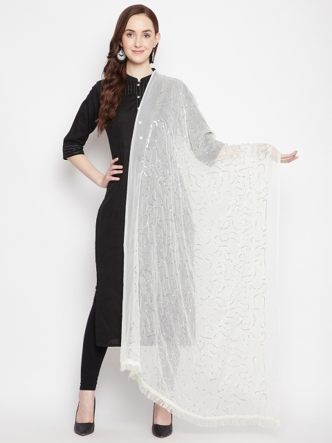

Clora Creation White Embroidered Dupatta with Sequinned