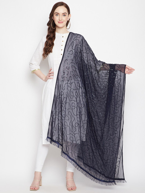 

Clora Creation Navy Blue Embroidered Dupatta with Sequinned
