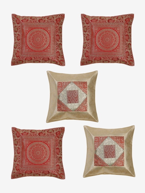 

Niamh by Tag 7 Maroon & Gold-Toned Set of 5 Ethnic Motifs Square Cushion Covers