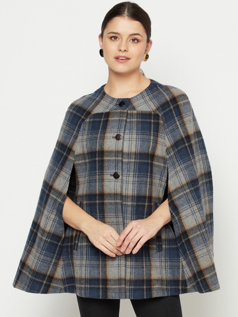 

Owncraft Women Navy Blue & Grey Checked Cape Overcoat