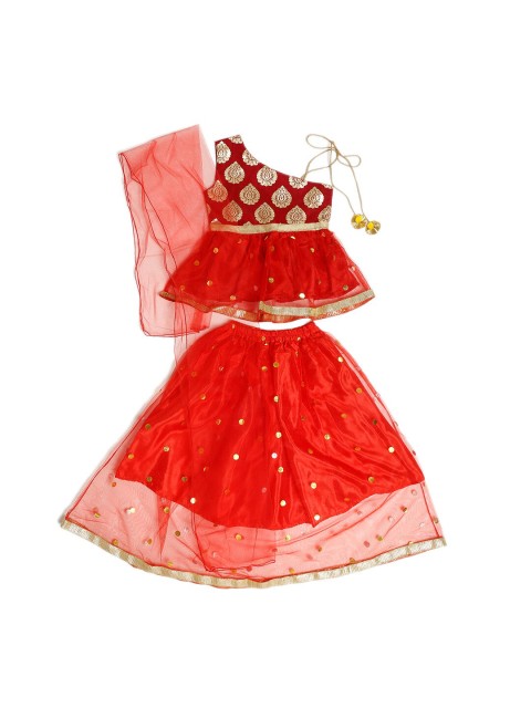 

ruviero Girls Red & Orange Brocade Ready to Wear Lehenga & Blouse With Dupatta