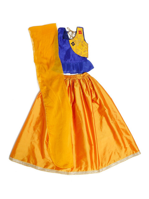 

ruviero Girls Yellow & Blue Foil Print Ready to Wear Lehenga & Blouse With Dupatta