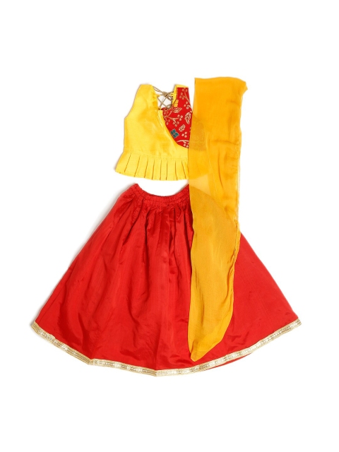 

ruviero Girls Red & Yellow Ready to Wear Lehenga & Blouse With Dupatta