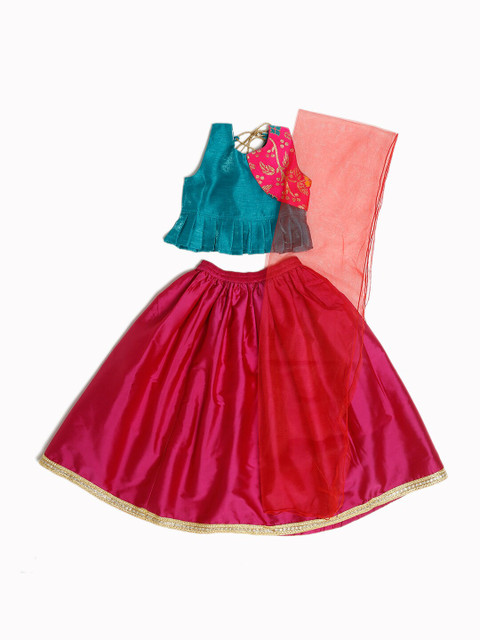 

ruviero Girls Pink & Turquoise Blue Ready to Wear Lehenga & Blouse With Dupatta