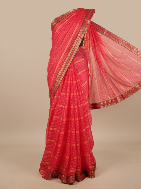 

Pothys Pink & Gold-Toned Striped Zari Saree