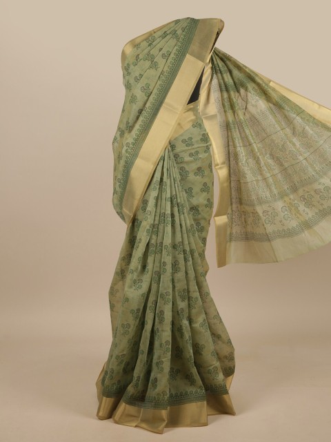

Pothys Green & Gold-Toned Floral Printed Saree