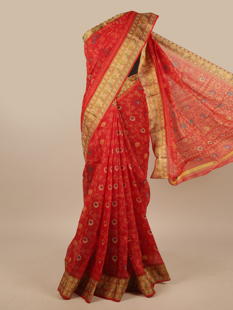 

Pothys Red & Gold-Toned Floral Printed Saree