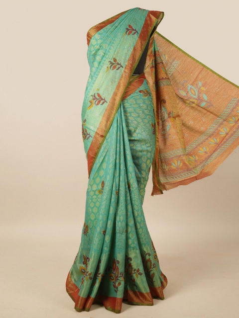 

Pothys Green & Orange Floral Printed Jute Silk Saree