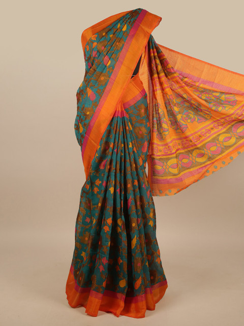

Pothys Green & Pink Floral Printed Jute Silk Saree