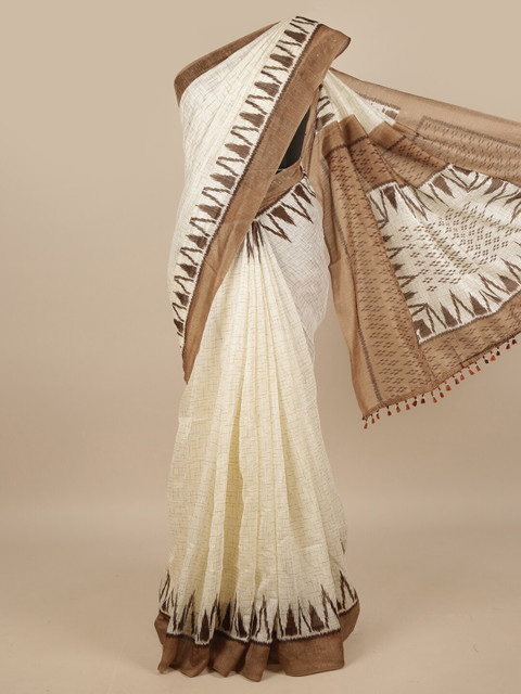 

Pothys Off White & Brown Printed Jute Silk Saree