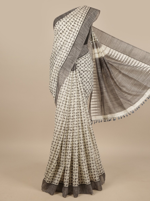 

Pothys Off White & Grey Floral Printed Jute Silk Saree