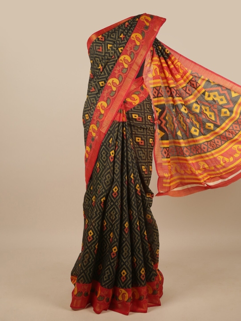 

Pothys Black & Yellow Printed Jute Silk Saree