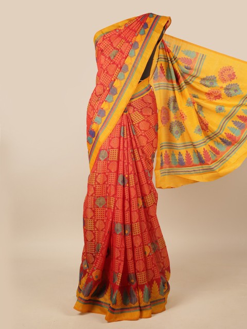

Pothys Red & Yellow Printed Jute Silk Saree