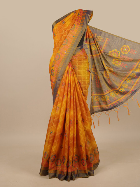 

Pothys Yellow & Grey Printed Jute Silk Saree