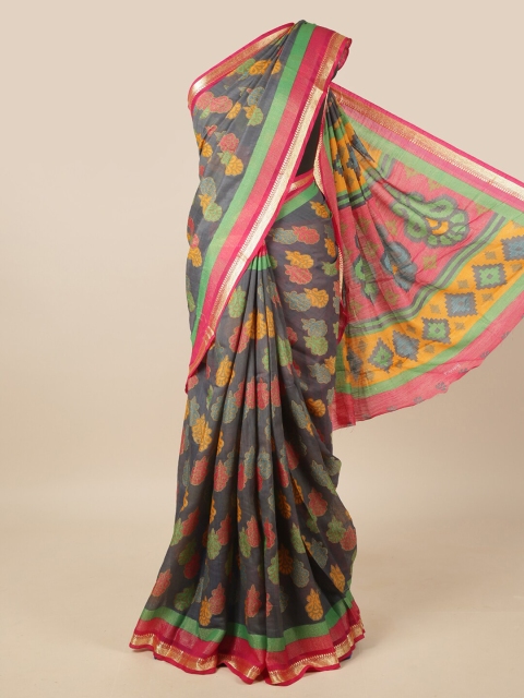

Pothys Grey & Green Floral Printed Jute Silk Saree