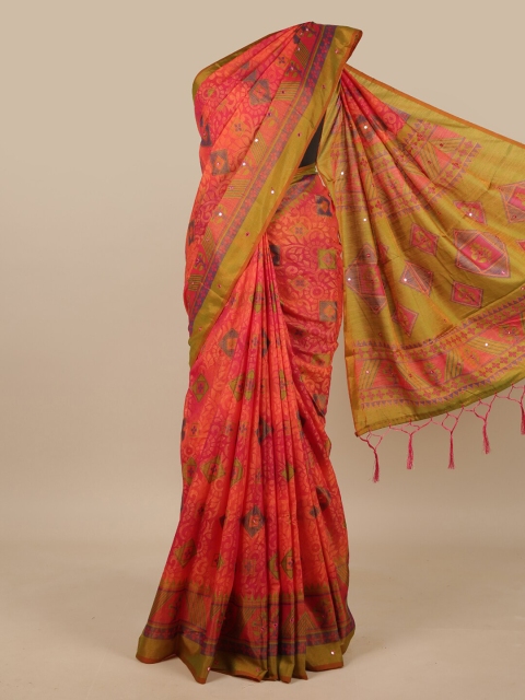 

Pothys Pink & Yellow Ethnic Motifs Printed Jute Silk Saree
