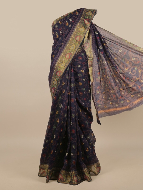

Pothys Navy Blue & Gold-Toned Floral Printed Saree