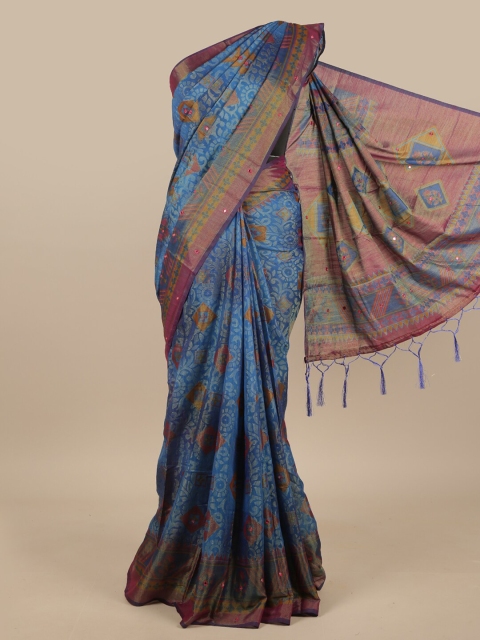 

Pothys Blue & Purple Ethnic Motifs Printed Jute Silk Saree