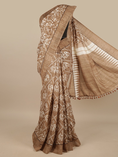

Pothys Brown & White Printed Jute Silk Saree