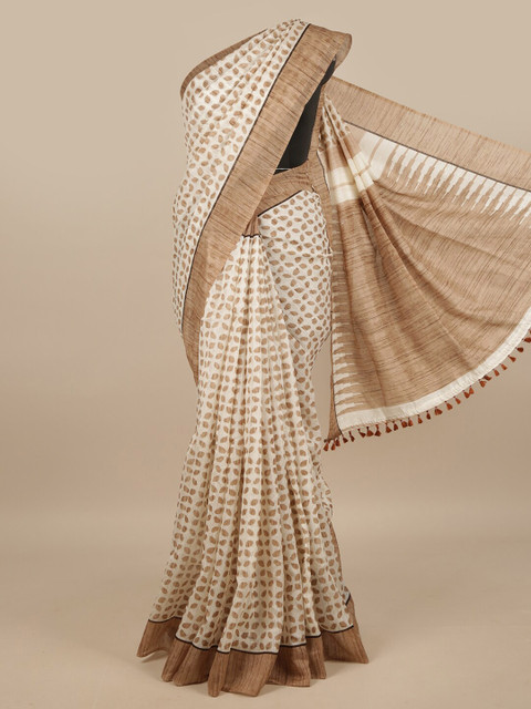 

Pothys Off White & Brown Ethnic Motifs Jute Silk Saree