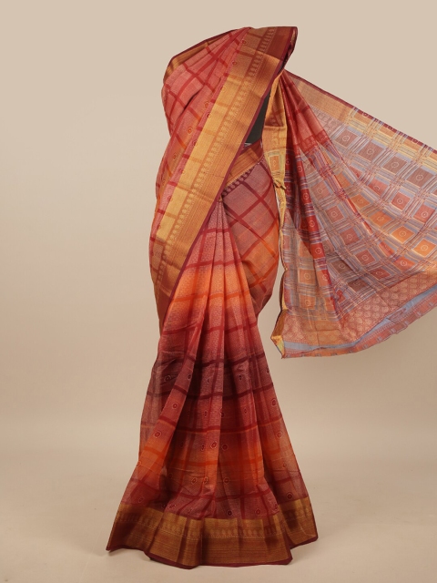 

Pothys Red & Gold-Toned Checked Zari Saree