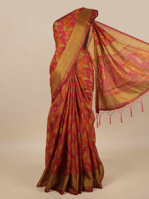 

Pothys Pink & Gold-Toned Printed Zari Jute Silk Saree