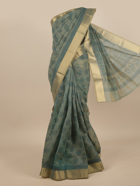 

Pothys Green & Gold-Toned Floral Printed Zari Saree