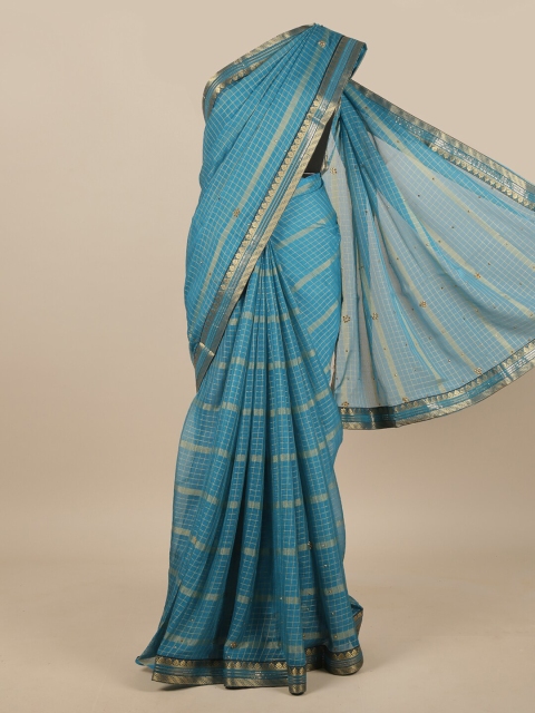 

Pothys Blue & Gold-Toned Checked Beads & Stones Saree
