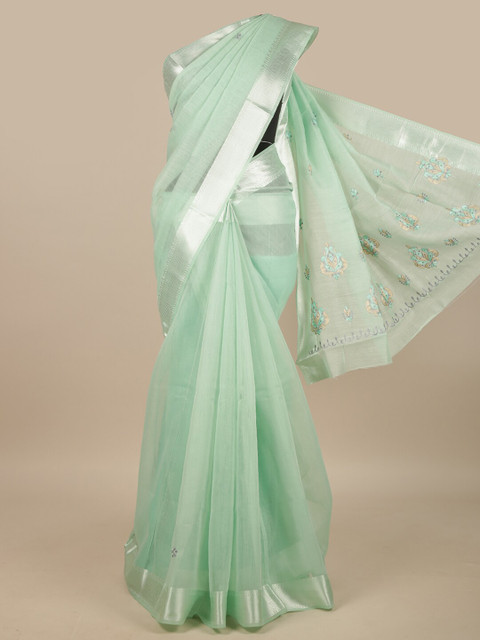 

Pothys Green & Silver-Toned Floral Embroidered Zari Saree