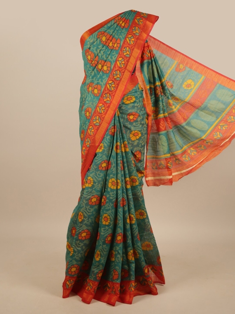 

Pothys Green & Orange Floral Printed Jute Silk Saree