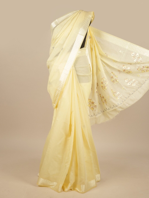 

Pothys Yellow & Gold-Toned Floral Printed Zari Saree