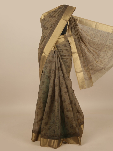 

Pothys Grey & Gold-Toned Floral Printed Zari Saree