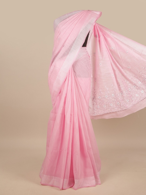 

Pothys Pink & Silver-Toned Floral Embroidered Zari Saree