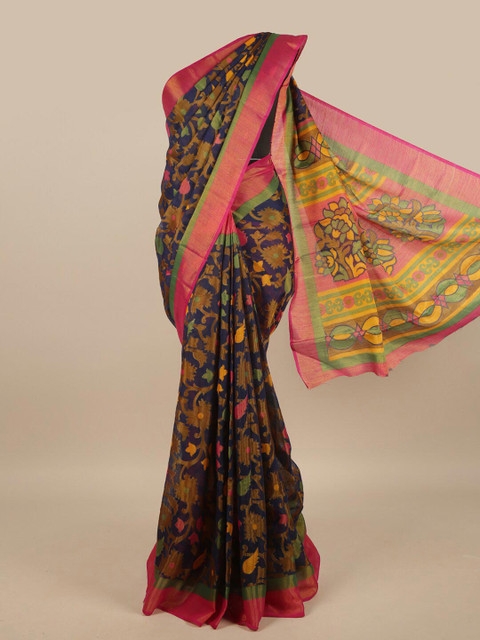 

Pothys Navy Blue & Yellow Floral Printed Zari Jute Silk Saree