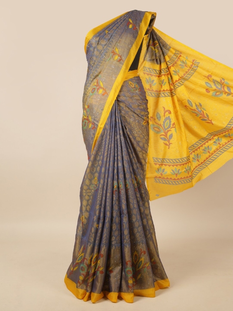 

Pothys Blue & Yellow Floral Jute Silk Saree