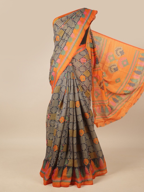 

Pothys Grey & Orange Floral Jute Silk Saree