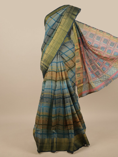 

Pothys Green & Grey Checked Saree