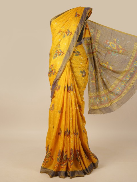 

Pothys Yellow & Grey Floral Beads and Stones Jute Silk Saree