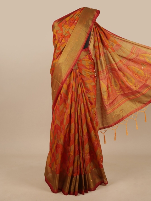 

Pothys Orange & Red Mirror Work Jute Silk Saree