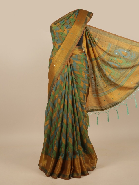 

Pothys Green & Blue Mirror Work Jute Silk Saree