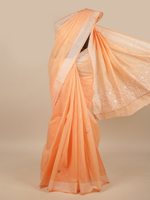 

Pothys Peach-Coloured & Silver-Toned Embroidered Saree