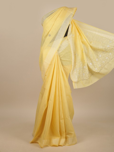 

Pothys Yellow & Silver-Toned Embroidered Saree