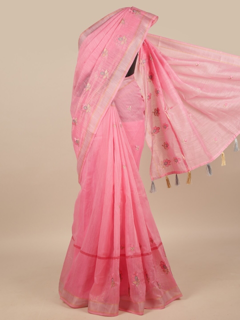 

Pothys Pink & Silver-Toned Embroidered Saree