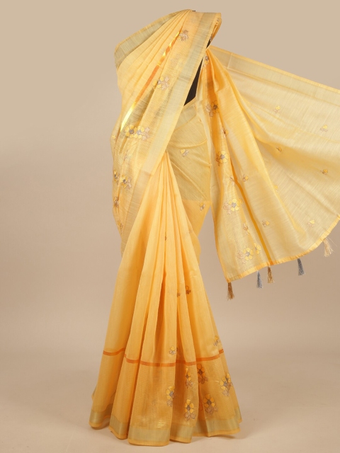 

Pothys Yellow & Silver-Toned Embroidered Saree