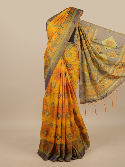 

Pothys Yellow & Blue Ethnic Motifs Mirror Work Jute Silk Saree