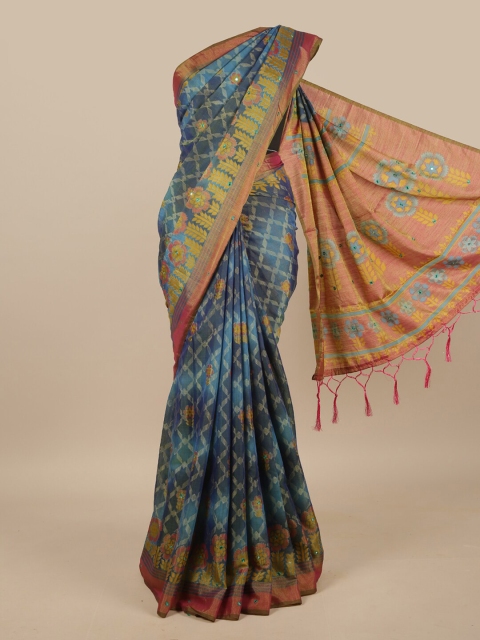 

Pothys Blue & Yellow Floral Mirror Work Jute Silk Saree