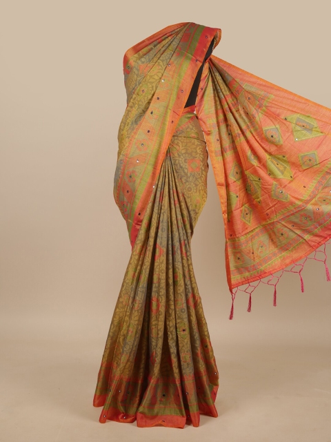 

Pothys Green & Pink Floral Mirror Work Jute Silk Saree